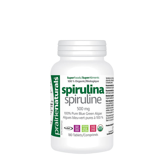 SPIRULINA ORGANIC 500MG 180 TABLETS PRAIRIE NATURALS