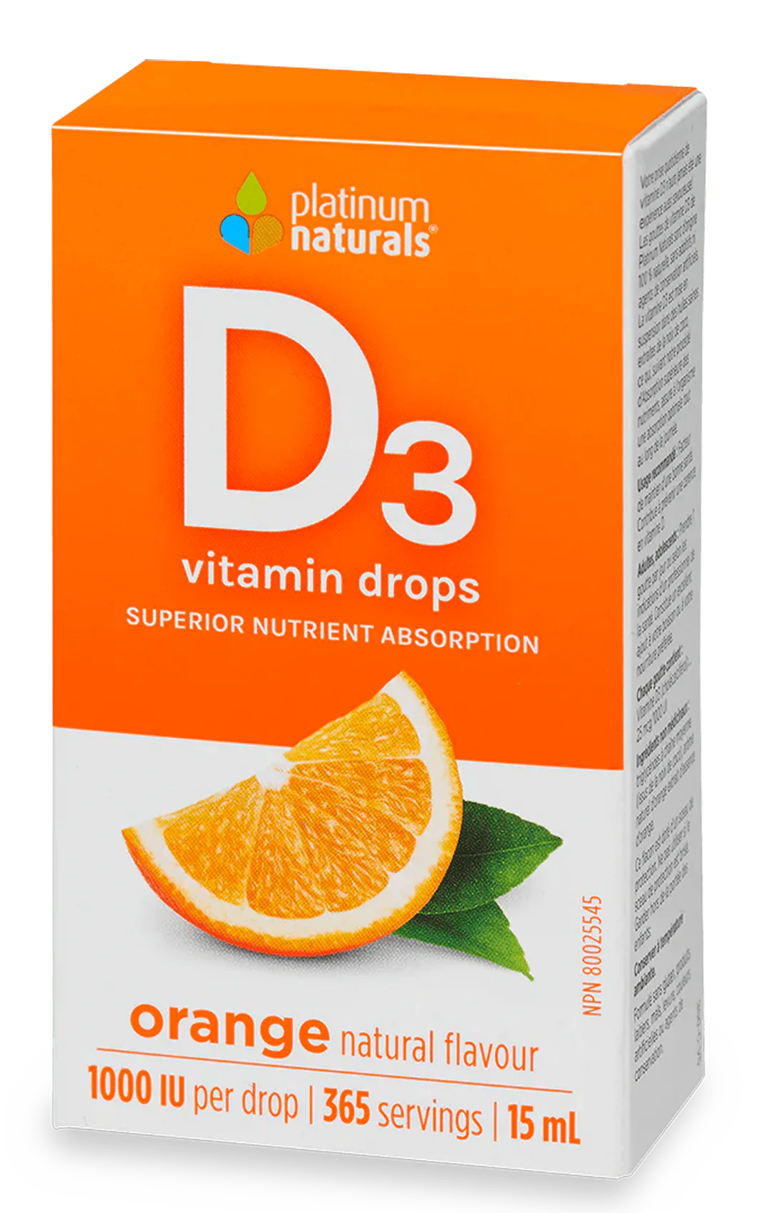 D3 DROPS 2500IU ORANGE 15ML PLATINUM NATURALS